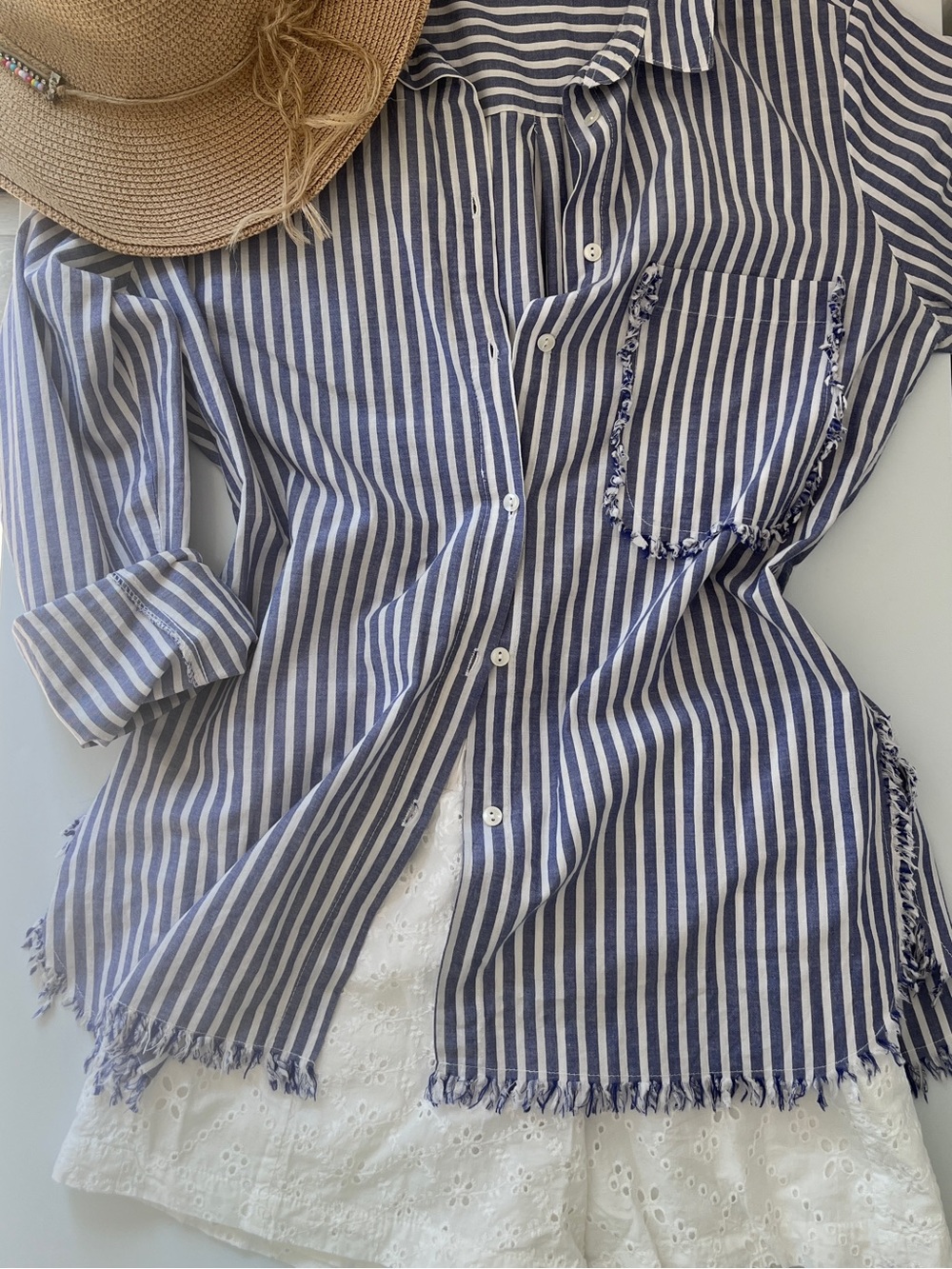 Firefly Blue White Stripe Beach Cover-Up Shirt Frayed Curved Hem Coastal • M